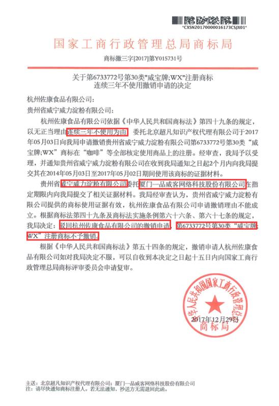 喜訊：恭喜貴州威寧威力第30類商標【威寶牌.WX】商標成功通過商標撤三答辯