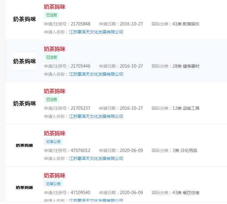 章澤天公司申請奶茶媽咪等商標