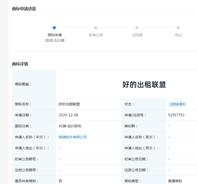 高德關聯公司申請“好的出租聯盟”商標