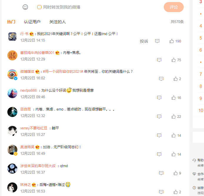 #用一個詞形容你的2021#內卷，拼搏，躺平，下班，EMO，YYDS，打工人，破防，焦慮這些都申請商標了嗎？