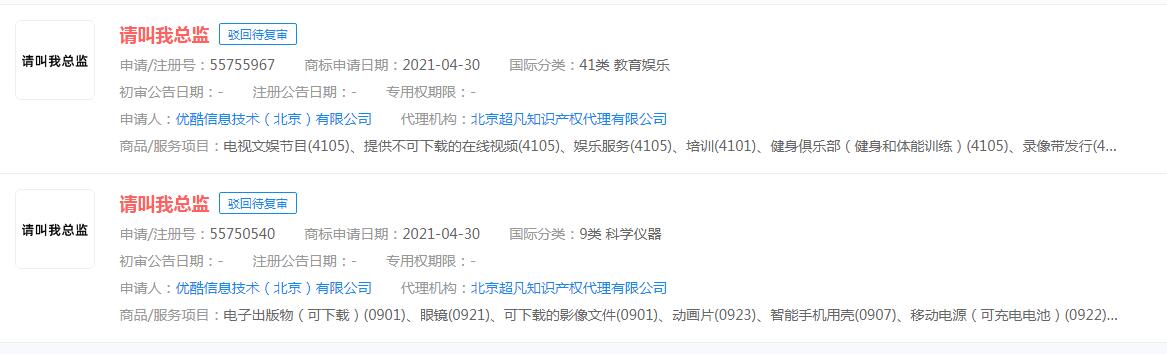 優酷申請“請叫我總監”商標，狀態顯示駁回待復審