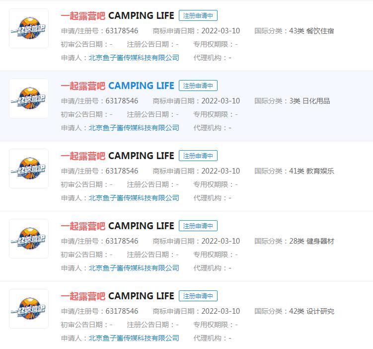 真人秀《一起露營吧》目前商標狀態顯示申請中