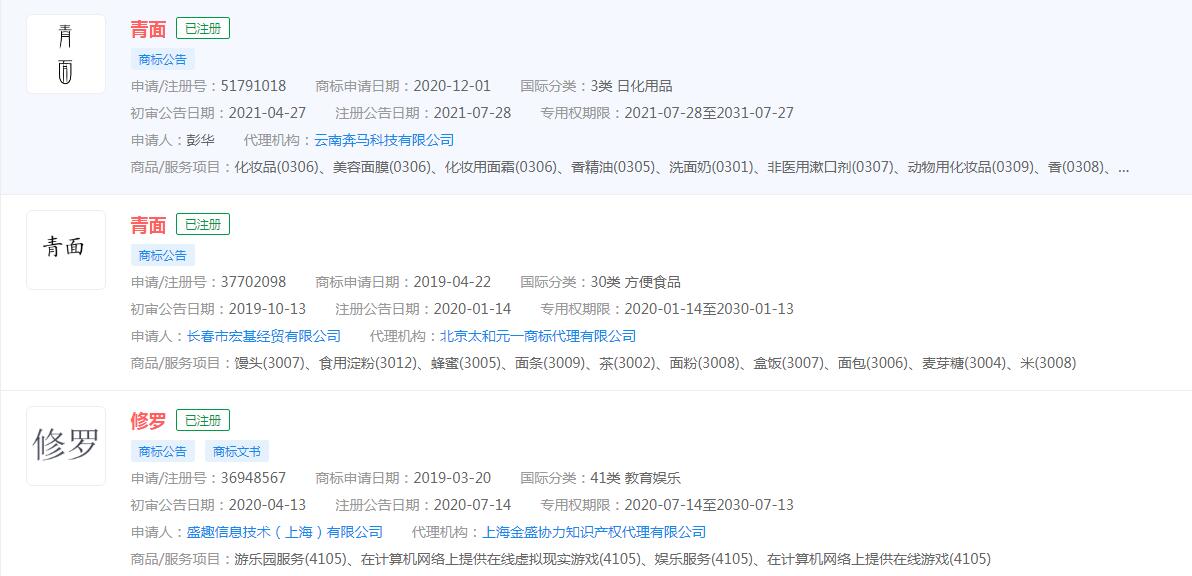 “青面修羅”暫未申請商標