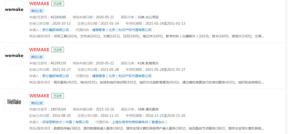 連續三年入選國家級雙跨平臺！騰訊WeMake已服務42萬家制造企業“wemake”商標已被多家公司注冊