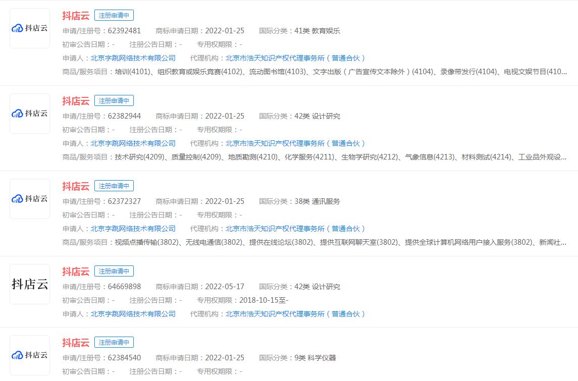 抖音電商官宣電商應(yīng)用云服務(wù)平臺抖店云，“抖店云”商標(biāo)正在申請中