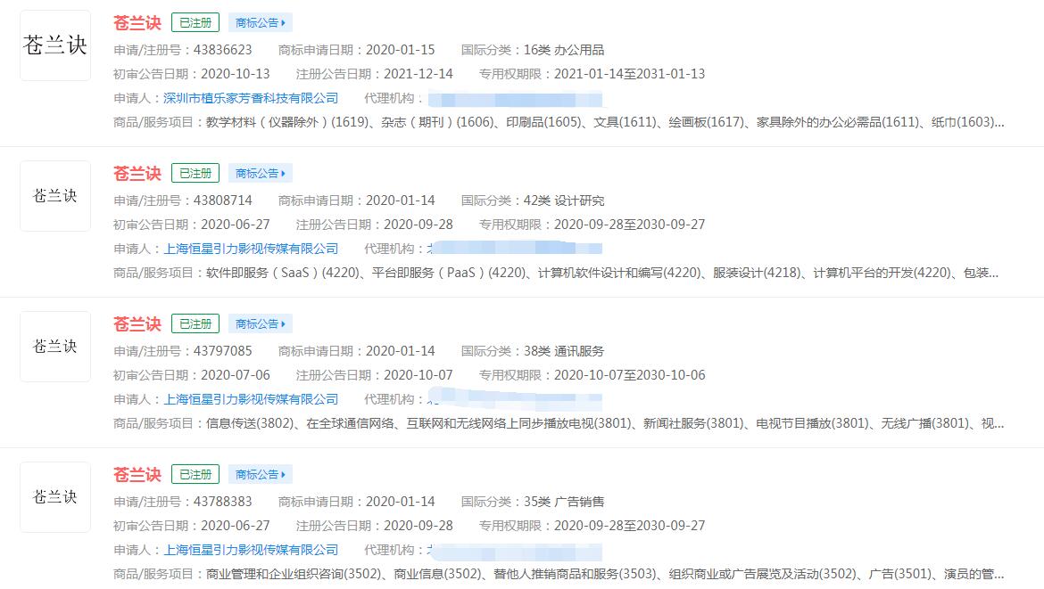 電視劇《蒼蘭訣》商標已被不同公司注冊