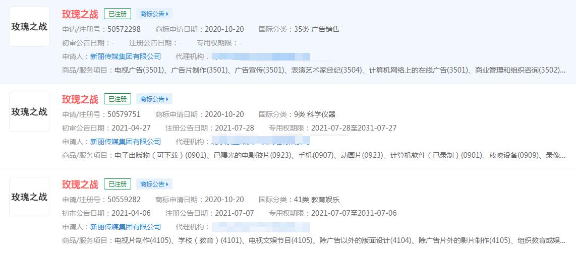 電視劇《玫瑰之戰》已注冊商標，分類涉及不同