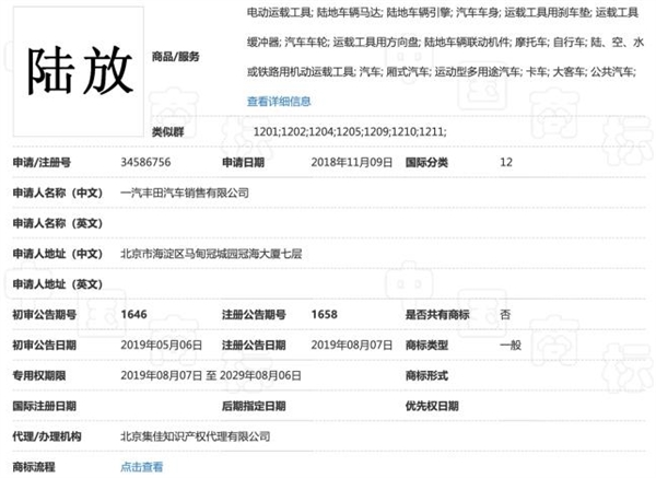 一汽豐田注冊(cè)陸澤/陸放商標(biāo):或用于全新中型SUV