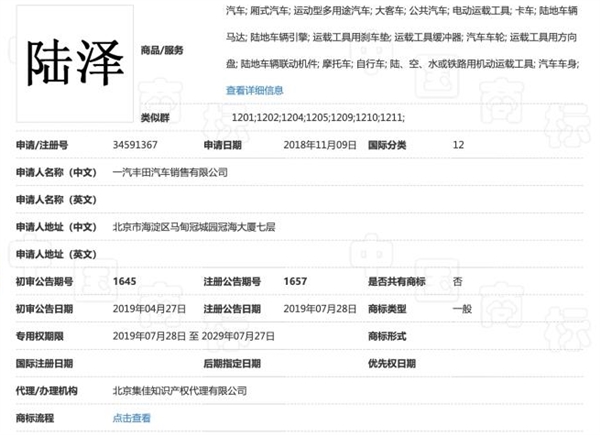 一汽豐田注冊(cè)陸澤/陸放商標(biāo):或用于全新中型SUV